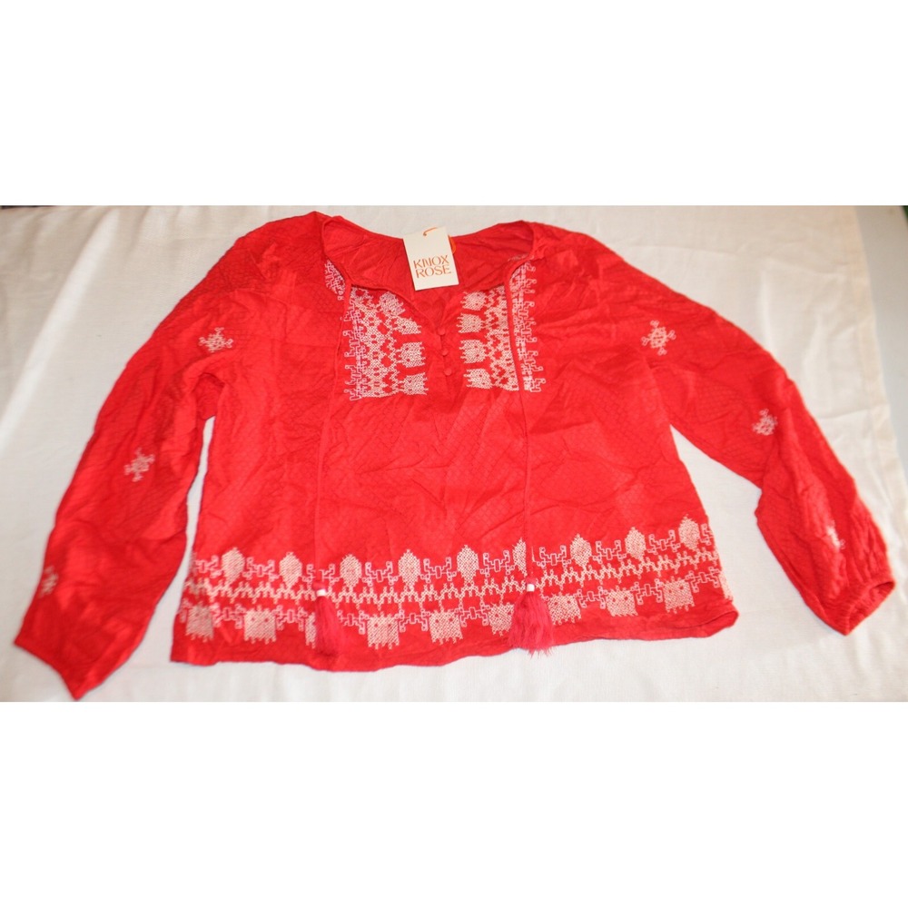 KNOX ROSE Women's medium Long Sleeve Red Embroidered Tassel Tie  Boho Top NEW